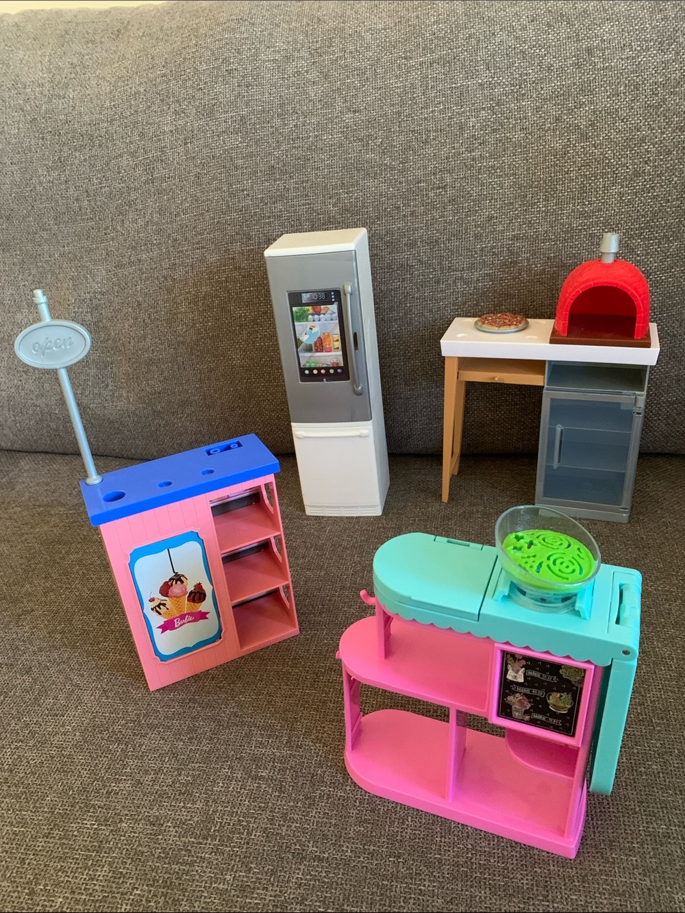 Assortment of Barbie Doll Playset Accessories Pizza Oven Refrigerator Snack Bar